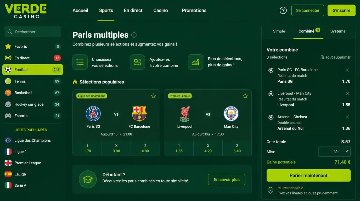 Ticket de paris combinés sur écran de Verde Casino, montrant plusieurs matchs et cotes