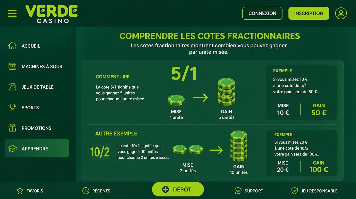 Cote fractionnaire 5/1 illustrée sur interface de pari