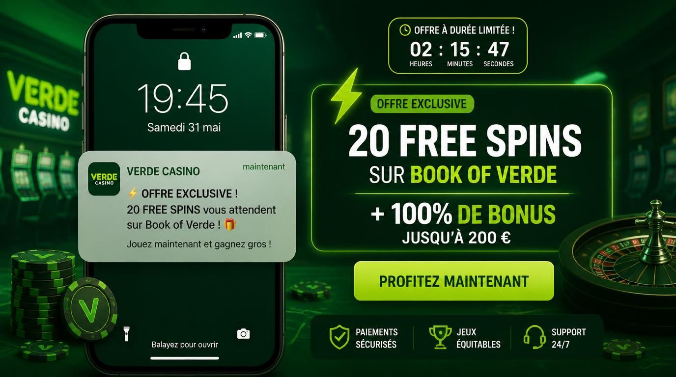 Notification push de bonus Verde Casino sur mobile avec offre limitée dans le temps