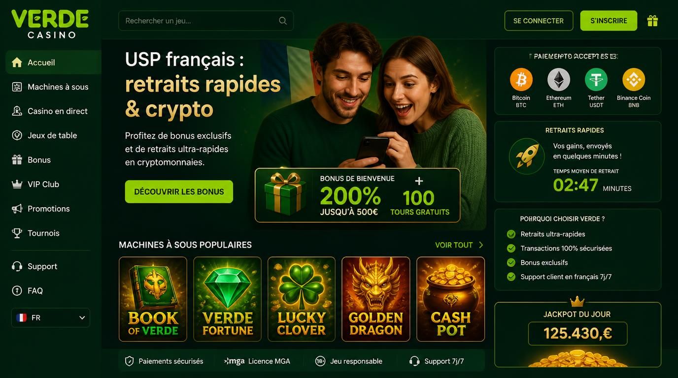  Interface présentant les points forts de Verde Casino pour les joueurs français bonus, crypto, retraits rapides
