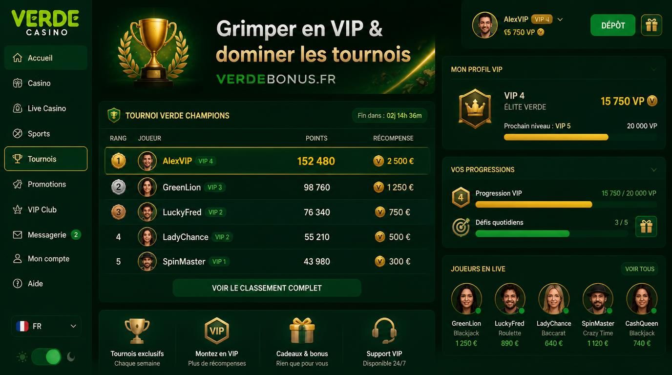 Image du système de tournoi, de niveaux et de points VIP chez Verde Casino