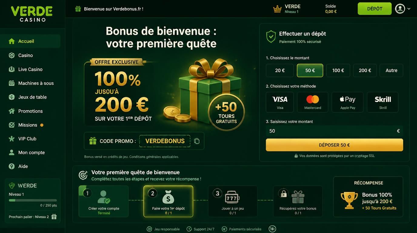 Présentation du bonus de bienvenue façon quête chez Verde Casino