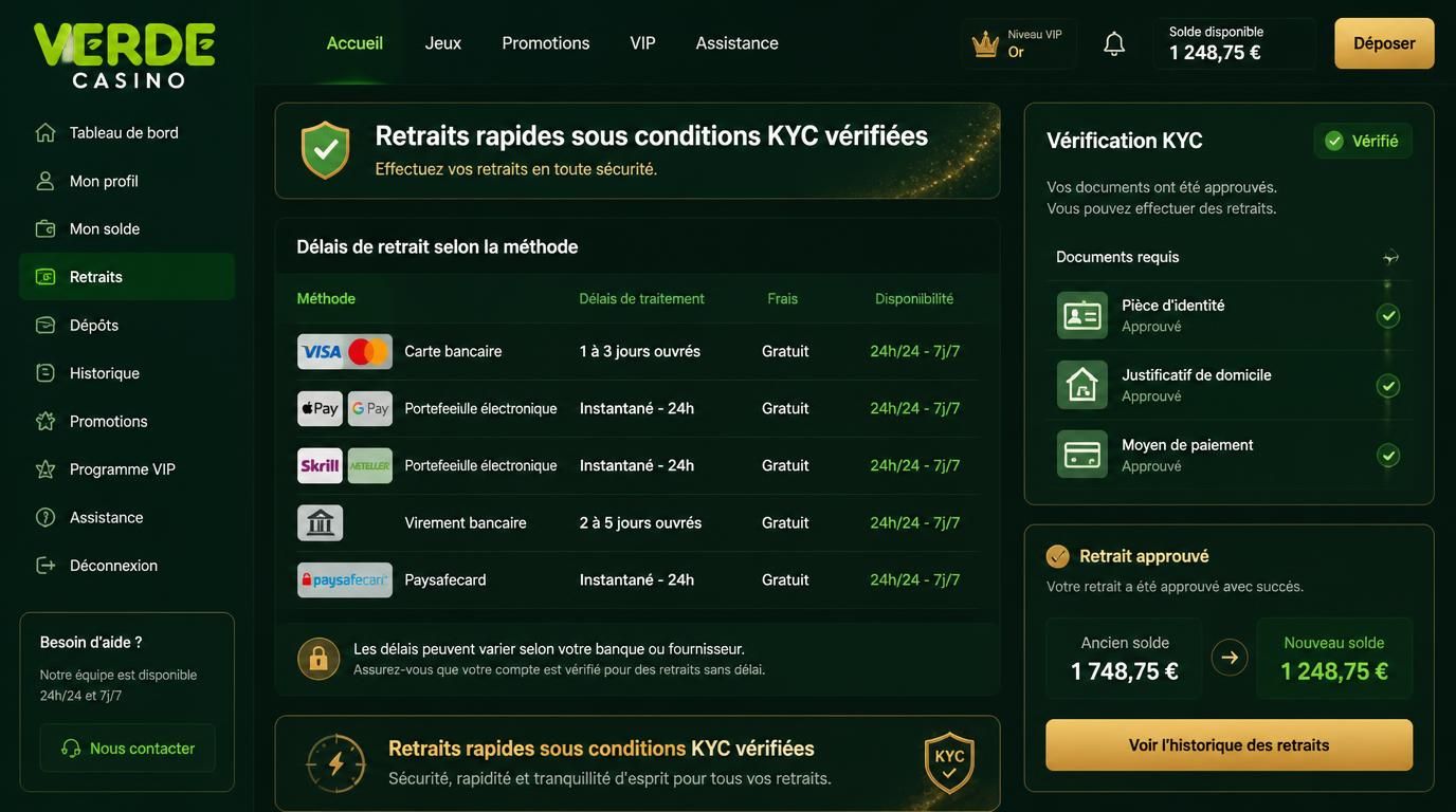 Illustration des délais de retrait et des vérifications légales chez Verde Casino